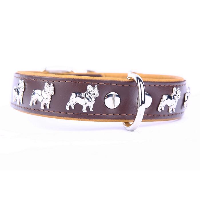 Läderhalsband till fransk bulldog modell brun sand