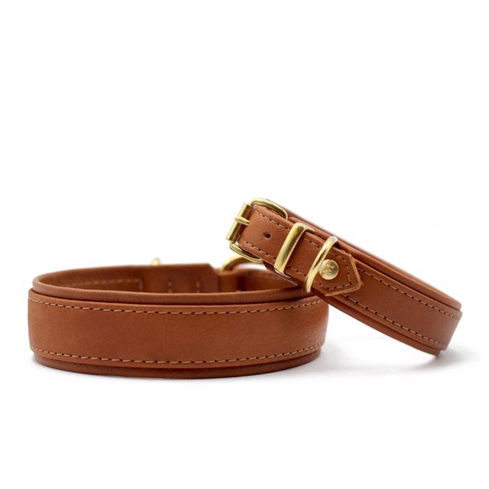 Hundhalsband Läder Handsytt design Cognac Pride Gold