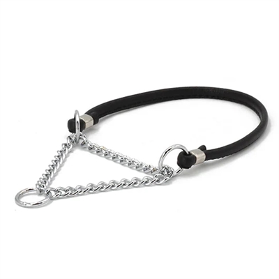 Handgjort rundläder Show-halsband med silverkedja för små och medelstora hundar