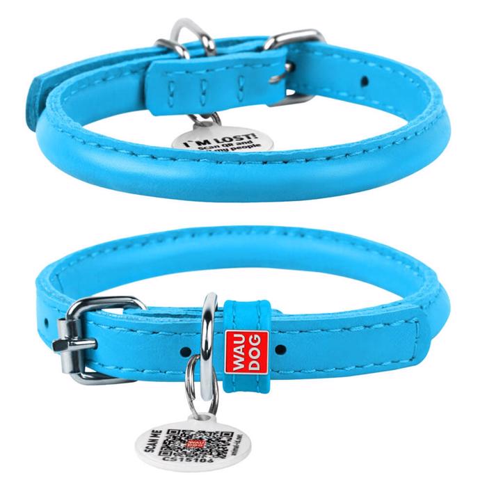 WauDog Rundsytt Läder Halsband Blå
