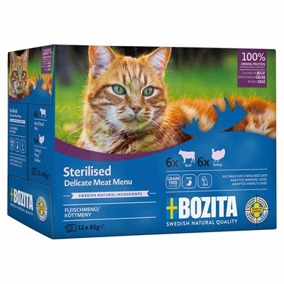 Bozita Feline Sterilised Bitar i Gelé MIXBOX Nötkött & Kalkon 12x85g