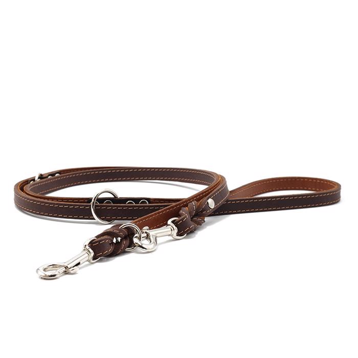 Handsytt Hundkoppel Mjukt Läder Classic PREMIUM 2m Cognac Silver