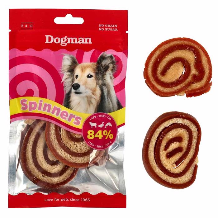 Dogman Spinners Ett Roligt Hundgodis med Lamm, Anka & Torsk LÅDA 20st