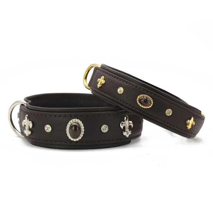 Handgjort läderhalsband med stenar och emblem mörkbrun och mässing