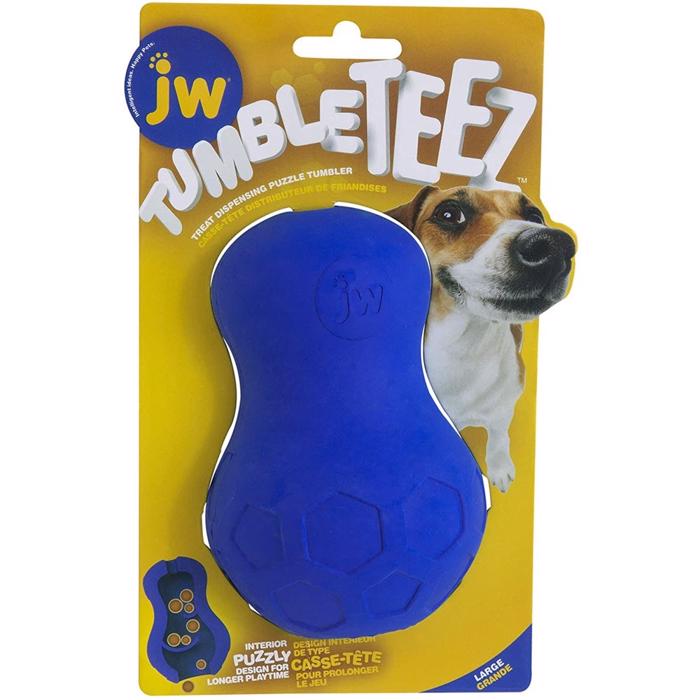 JW Tumble TeeZ Treat Toy Blue Godbids Dispenser för aktivering stor