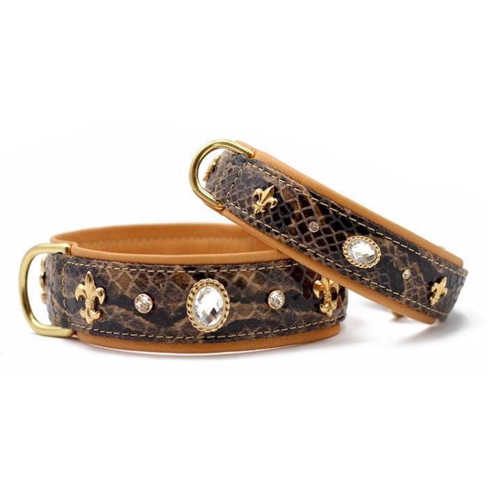 Läderdesignhalsband Sand & Snake Look med stenar och emblem