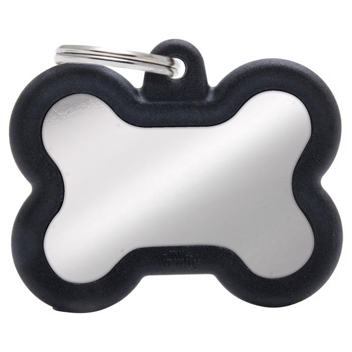 My Family Dog tag Silent & Strong Silver Meat ben w. Svart gummikant