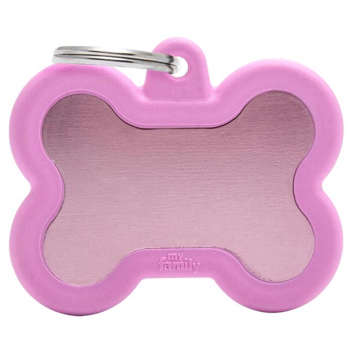 My Family Dog Tag Silent & Strong Pink Meat Bone w. Rosa gummikant