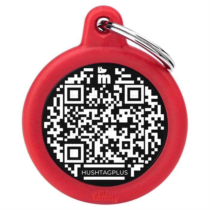 My Family Dog Tag Design Hush Round Circle med QR i rött