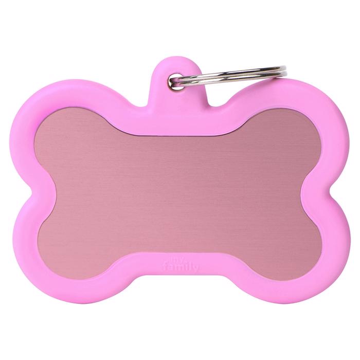 My Family Dog Tag Silent & Strong Pink Meat Bone w. Rosa gummikant