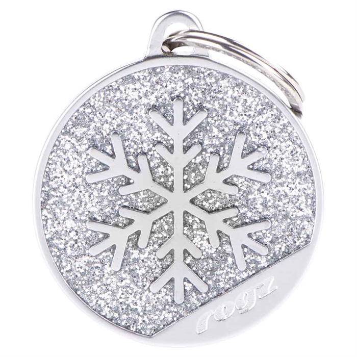 My Family Dog Tag Round Circle i Silver Glitter med Snowflakes Rogz