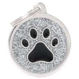 My Family Large Dog Tag Shine Silver Glitter Circle med Paw