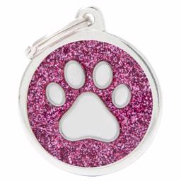 My Family Large Dog Tag Shine Pink Glitter Circle with Paw