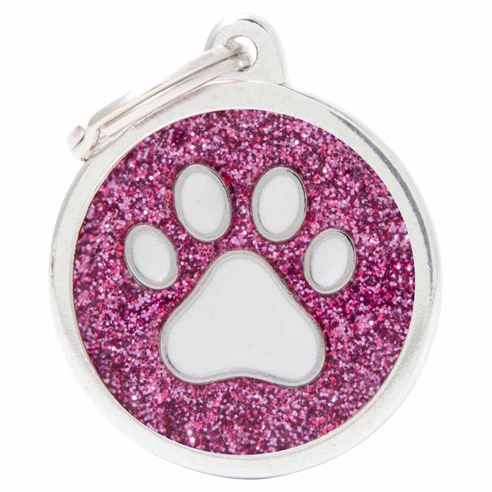 My Family Large Dog Tag Shine Pink Glitter Circle with Paw