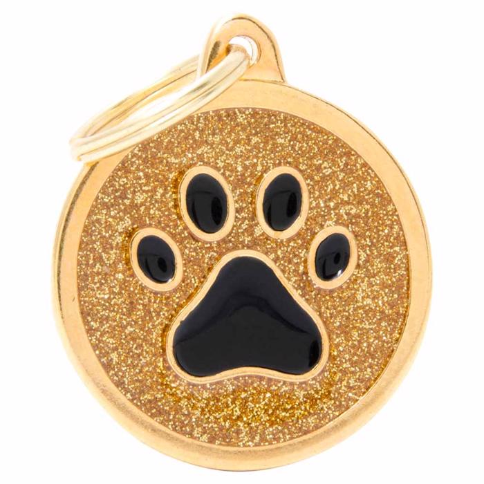 My Family Large Dog Tag Shine Gold Glitter Circle with Paw