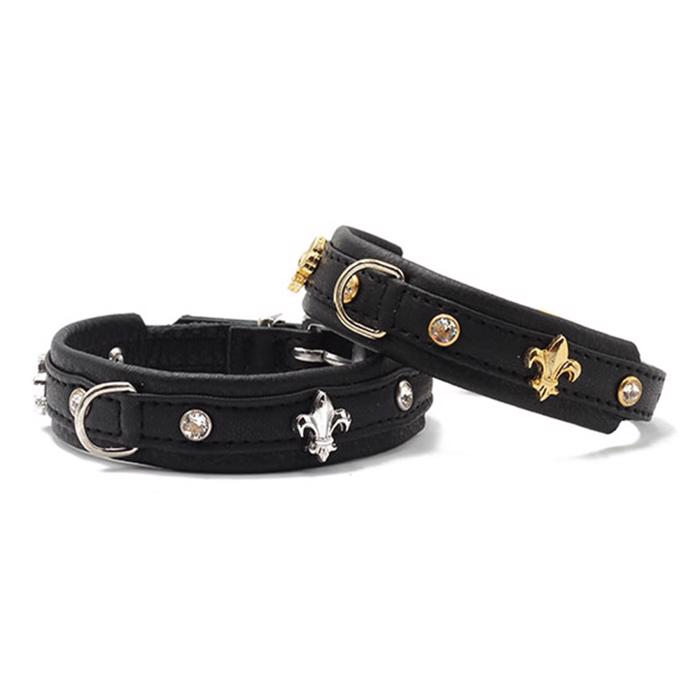 Handgjort läderhalsband med diamanter Design Mini Fleur Svart Krom