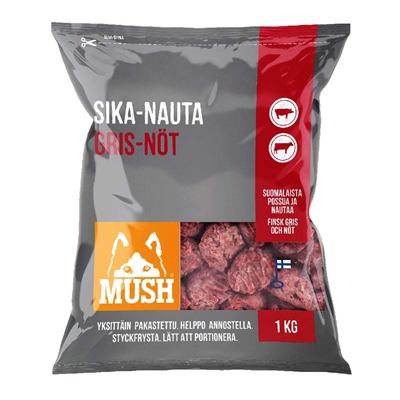 MUSH Barf Fryst Råfoder Basic Fläsk- och Nötköttbullar 1 Kg
