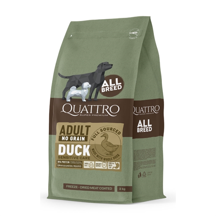 Quattro Spannmålsfri Hundfoder För Alla Raser Duck 12kg