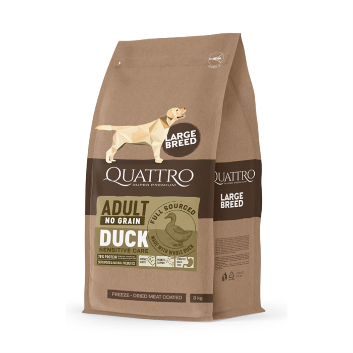Quattro Spannmålsfritt Hundfoder För Stora Vuxna Raser Duck 12kg