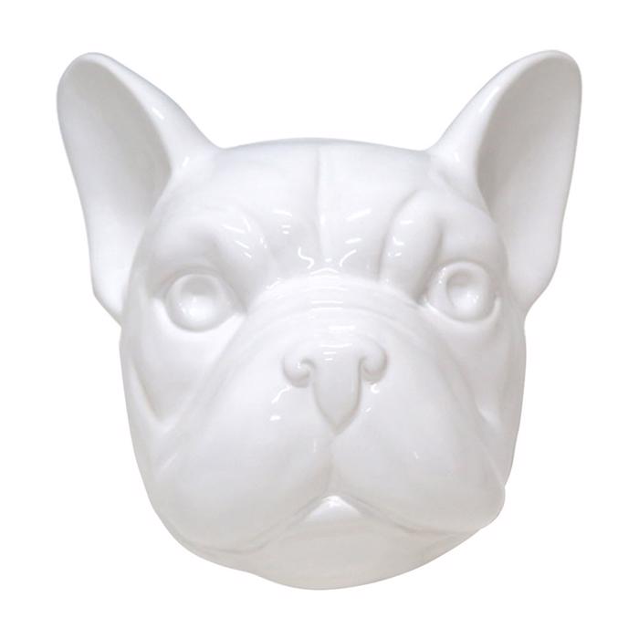 Happy House Keramisk Fransk Bulldog Huvud Glänsande Vit