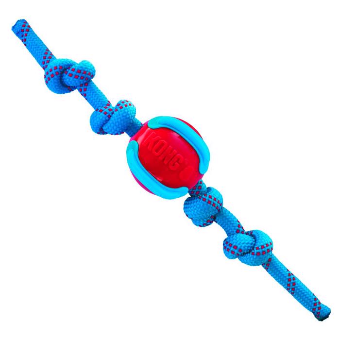 KONG Jaxx Brights Ball med rep för hunden i rött och blått