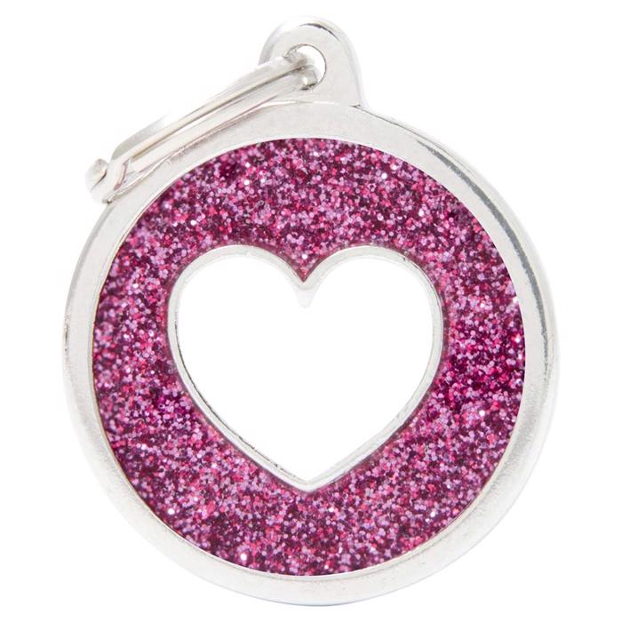My Family Large Dog Tag Shine Pink Glitter Circle med vitt hjärta