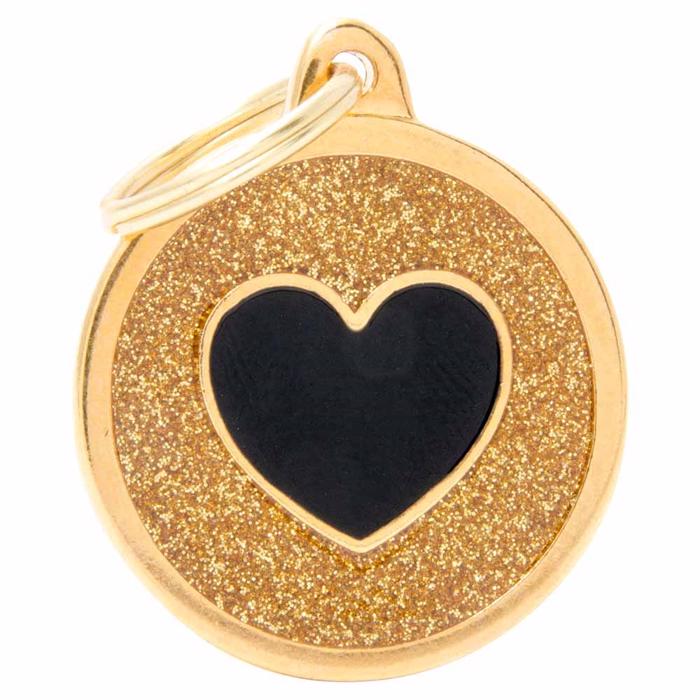 My Family Large Dog Tag Shine Gold Glitter Circle med svart hjärta