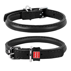 WauDog Rundsytt Läder Hundhalsband Svart